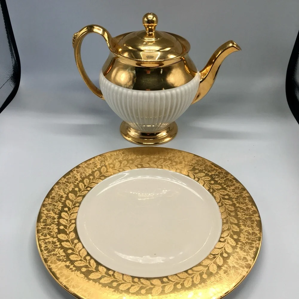 VTG 3Pc Royal Winston Grimwades Art Deco 22k Gold Teapot & Gold Rim Plate